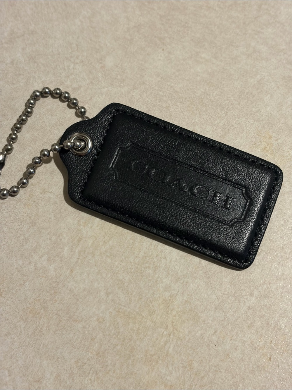 Coach Black Leather Embossed Tag Key & Card Holder with Ball Chain